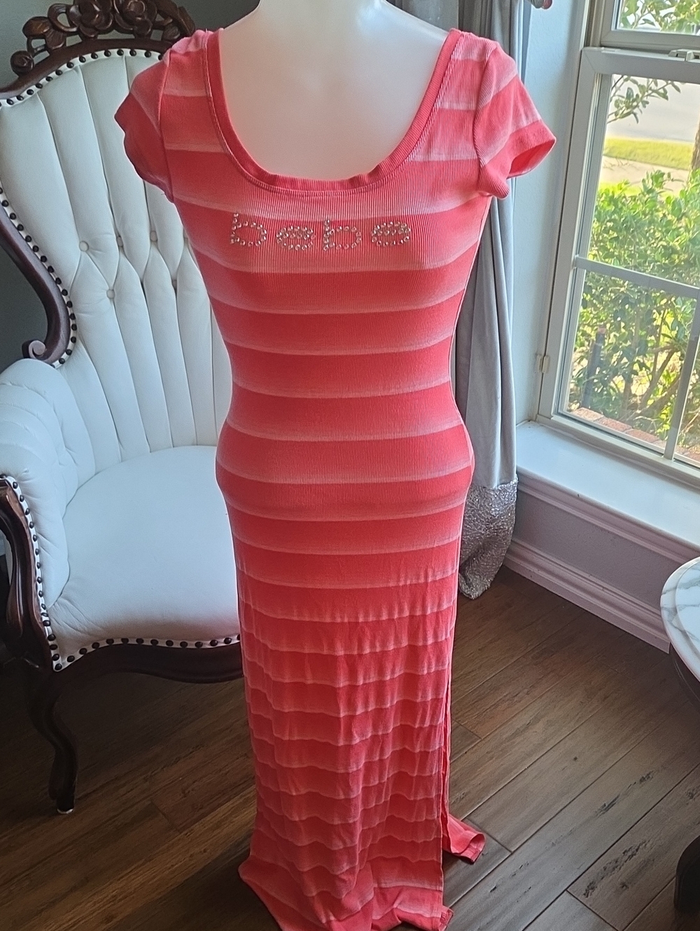 bebe Coral Pink Striped Maxi Dress with Rhinestone Logo